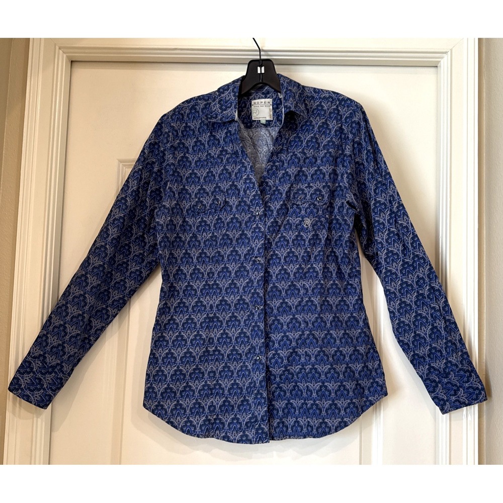 Roper Wear Blue Western Shirt Woman size M Pearl Snap Flip Cuff Rodeo Cowboy